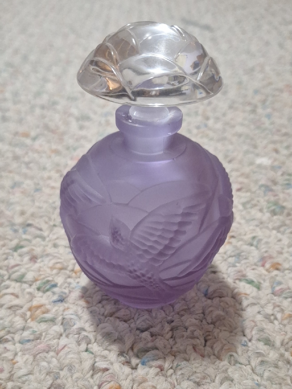 Vintage-Style Frosted Purple Glass Perfume Bottle with Clear Floral Stopper